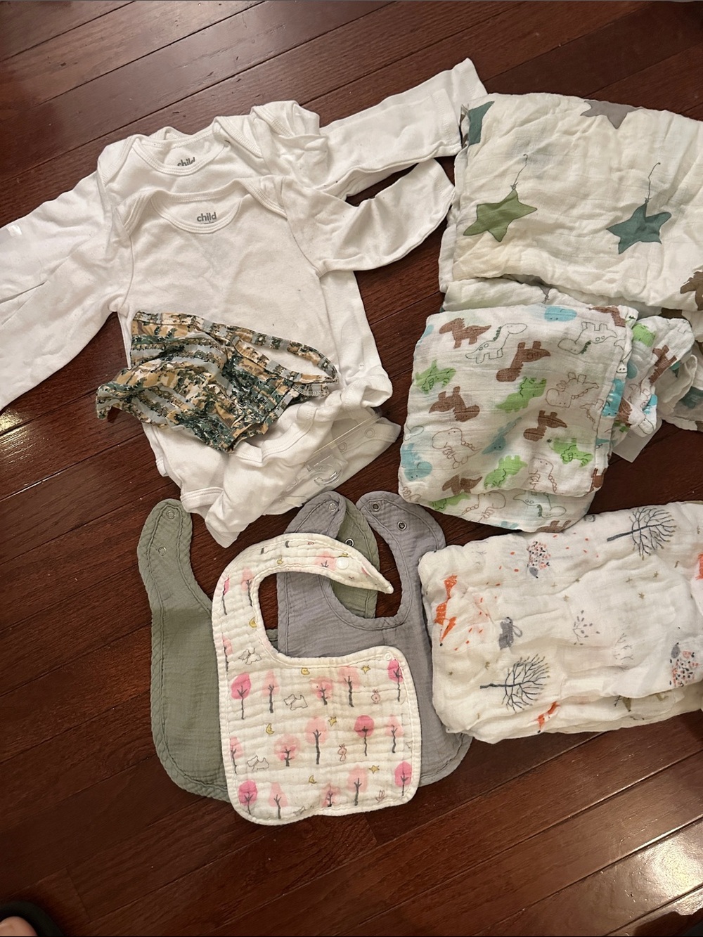 child of mine White Bodysuits with Green, Gray and Pink Accent Bibs